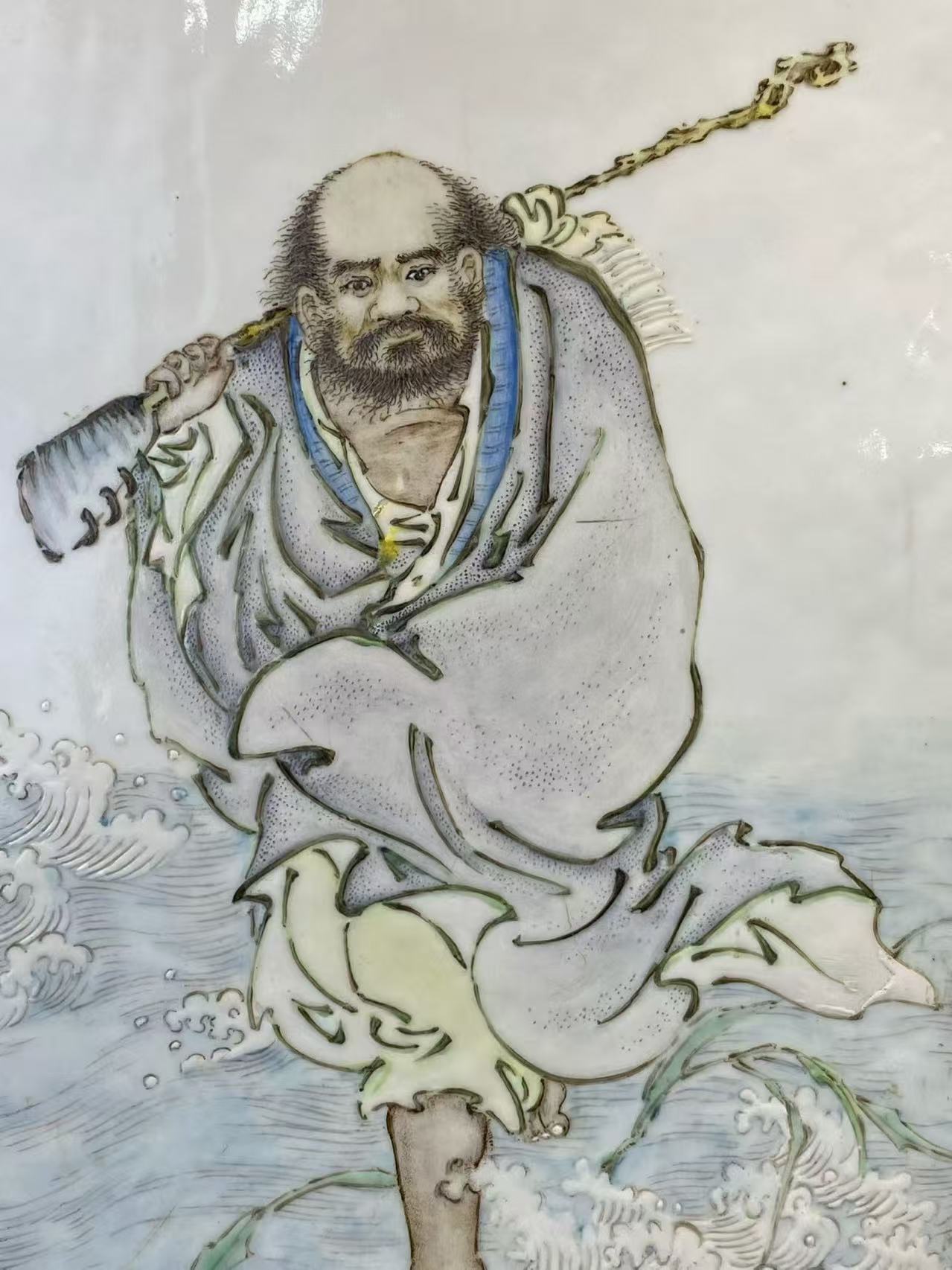 魏荣生 粉彩达摩渡江瓷板