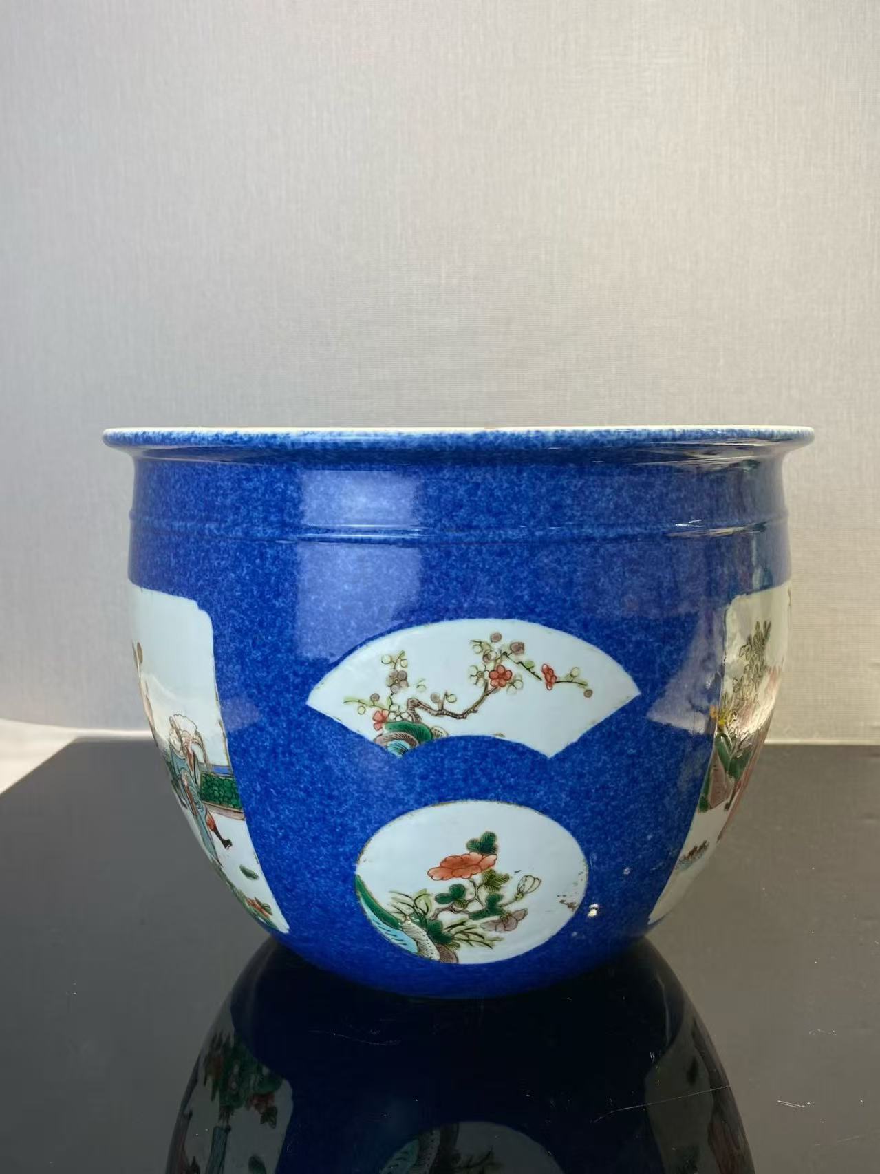 洒蓝地开窗五彩西厢记案头缸