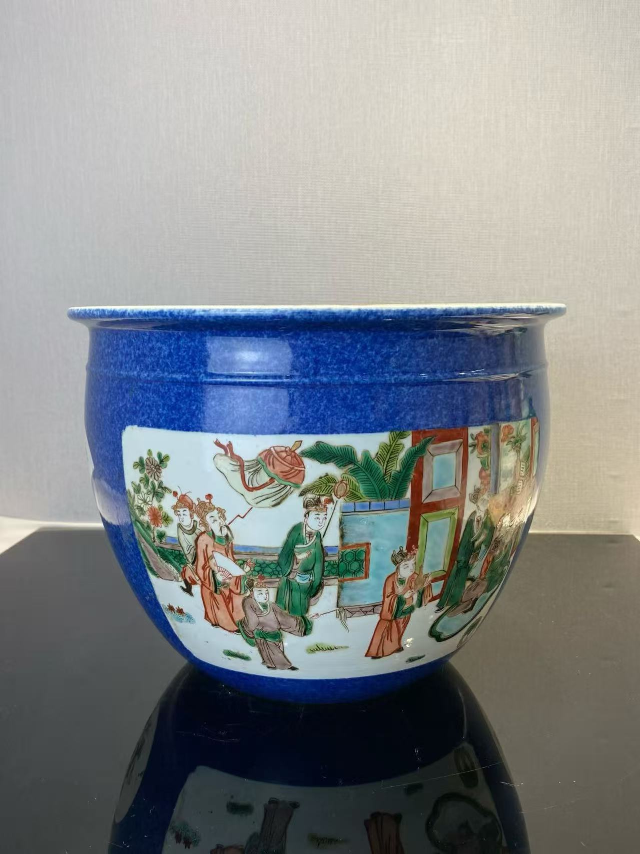 洒蓝地开窗五彩西厢记案头缸