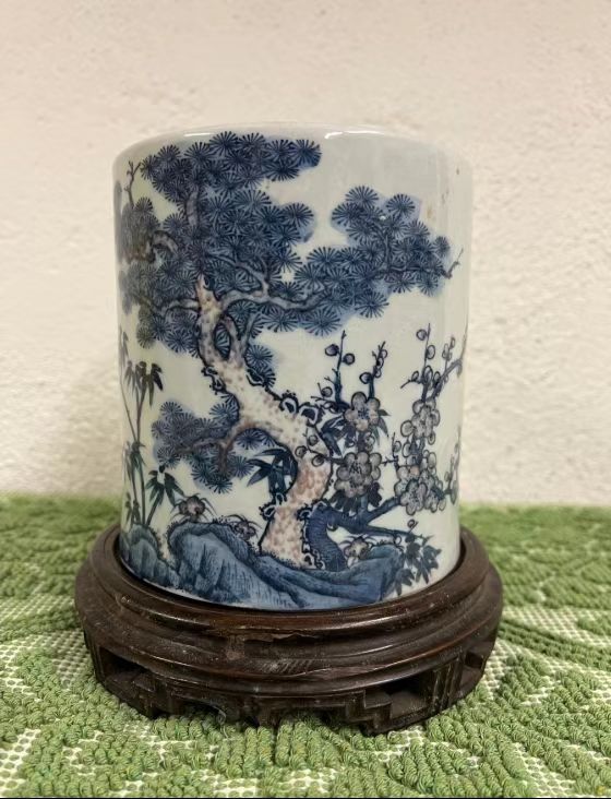 青花釉里红瓷笔筒