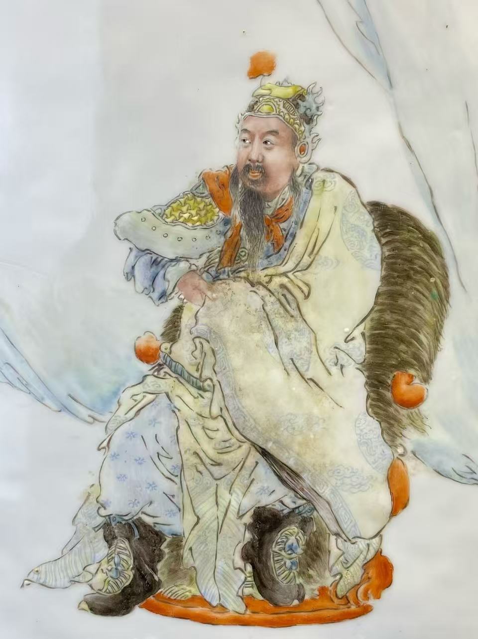 粉彩岳飞像瓷板 款：精忠报国  木框