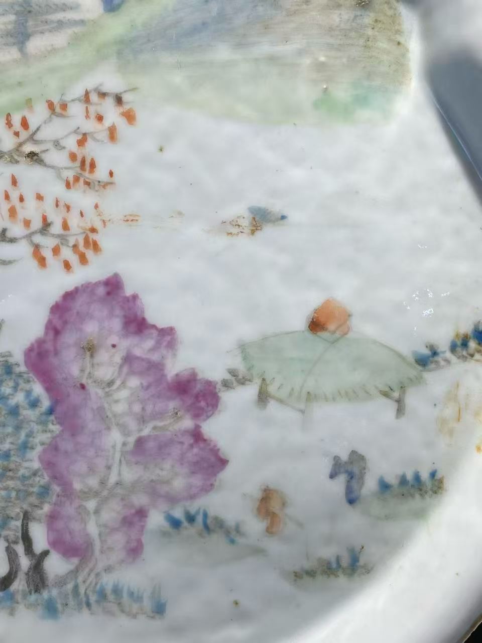 浅绛彩山水人物诗文茶盘 款：胡英章