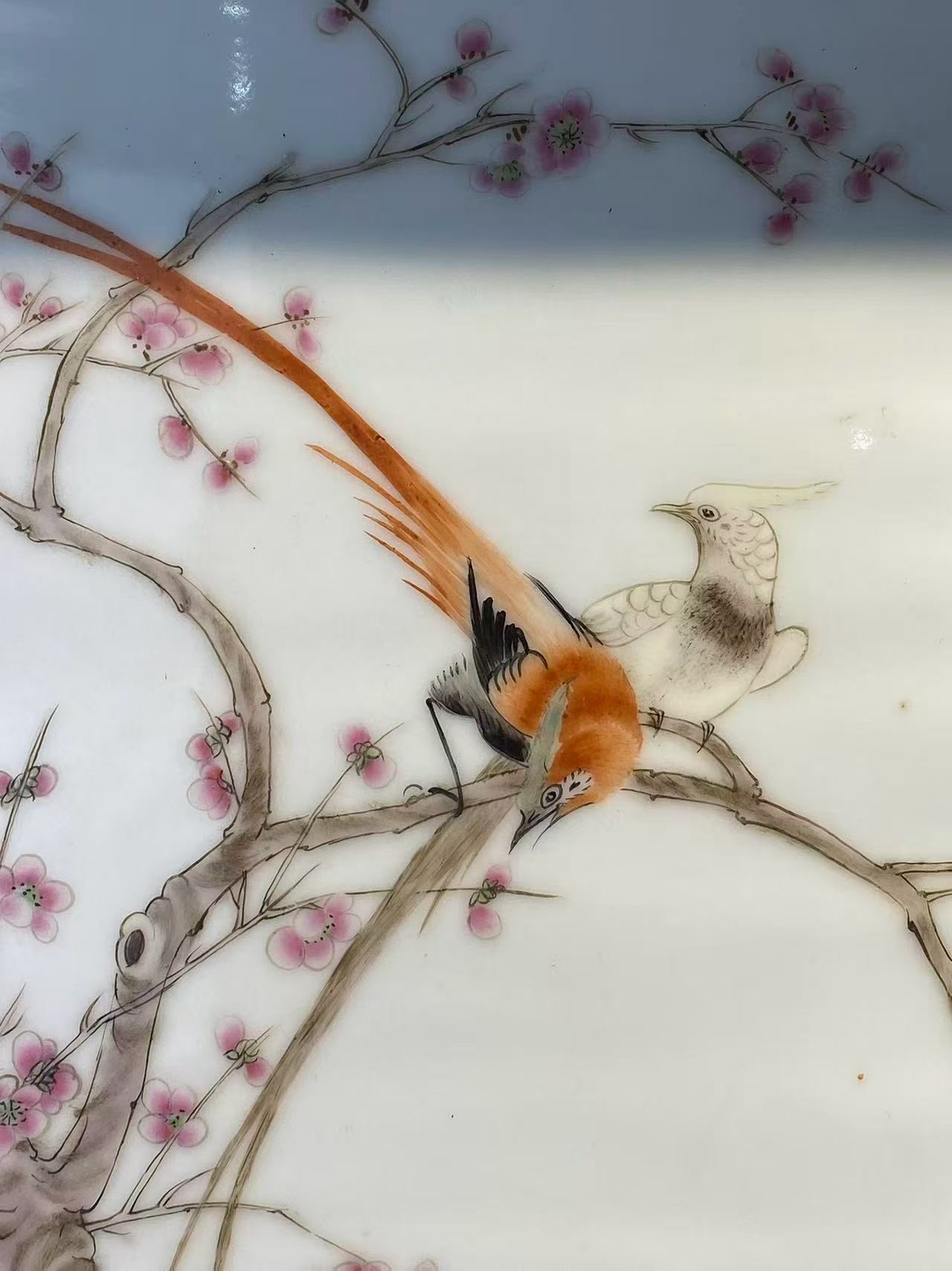 粉彩锦鸡桃花诗文瓷板