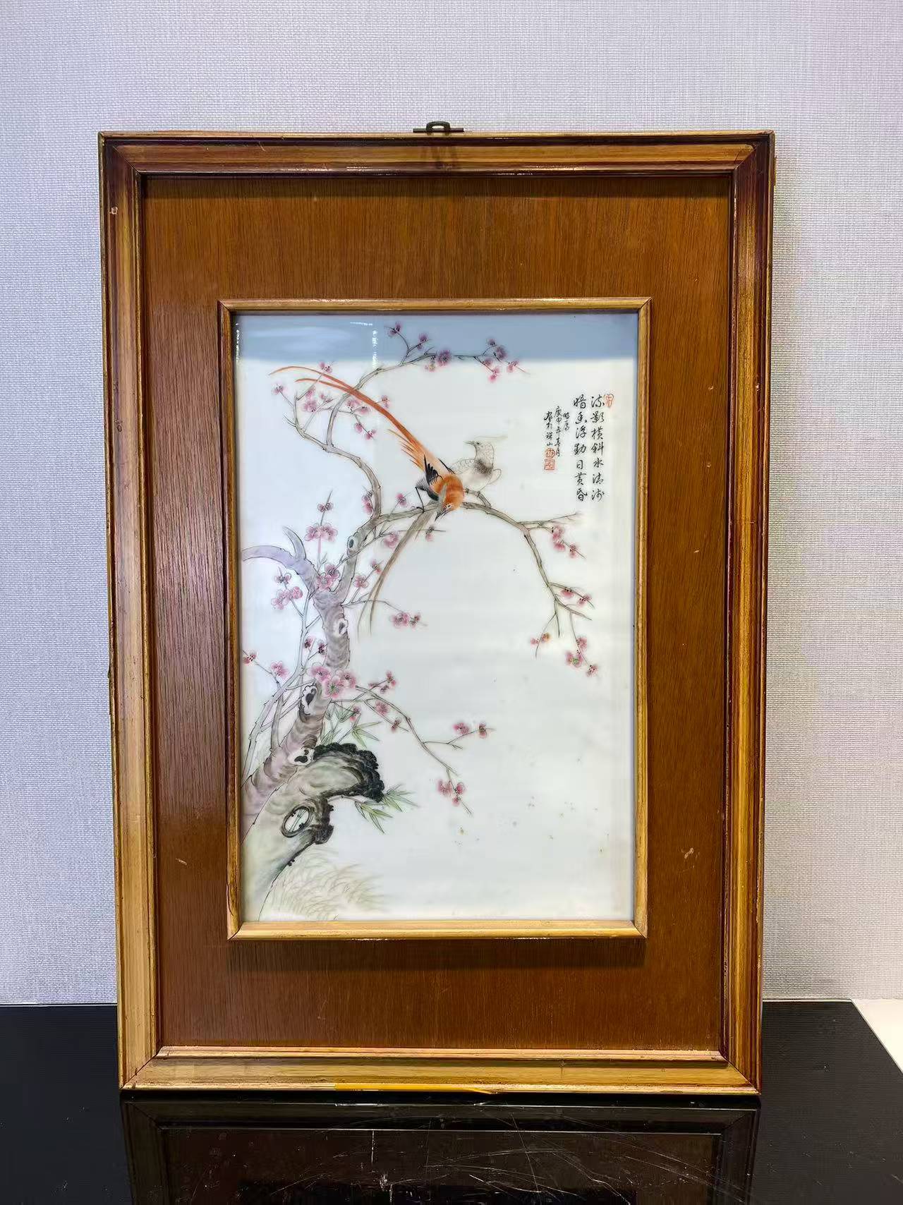 粉彩锦鸡桃花诗文瓷板