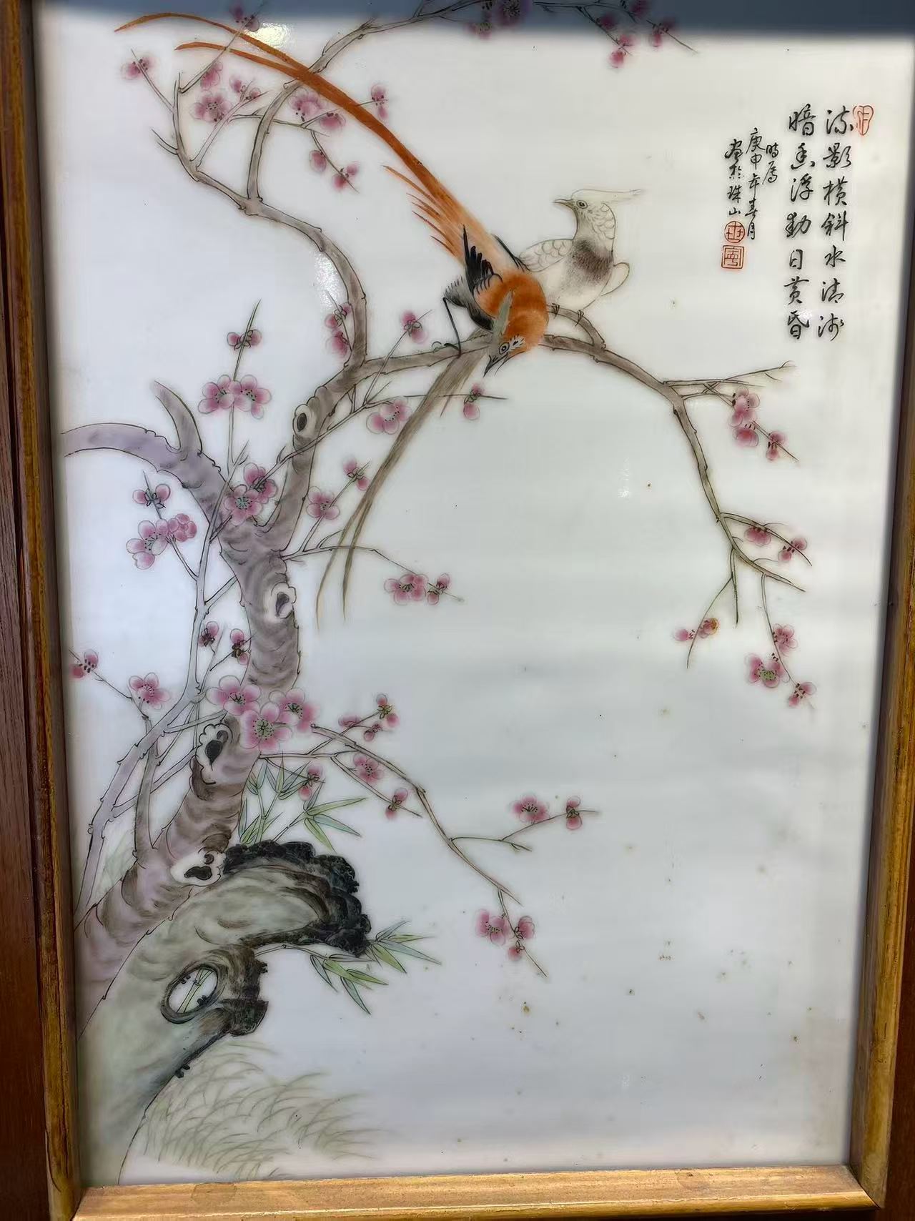 粉彩锦鸡桃花诗文瓷板
