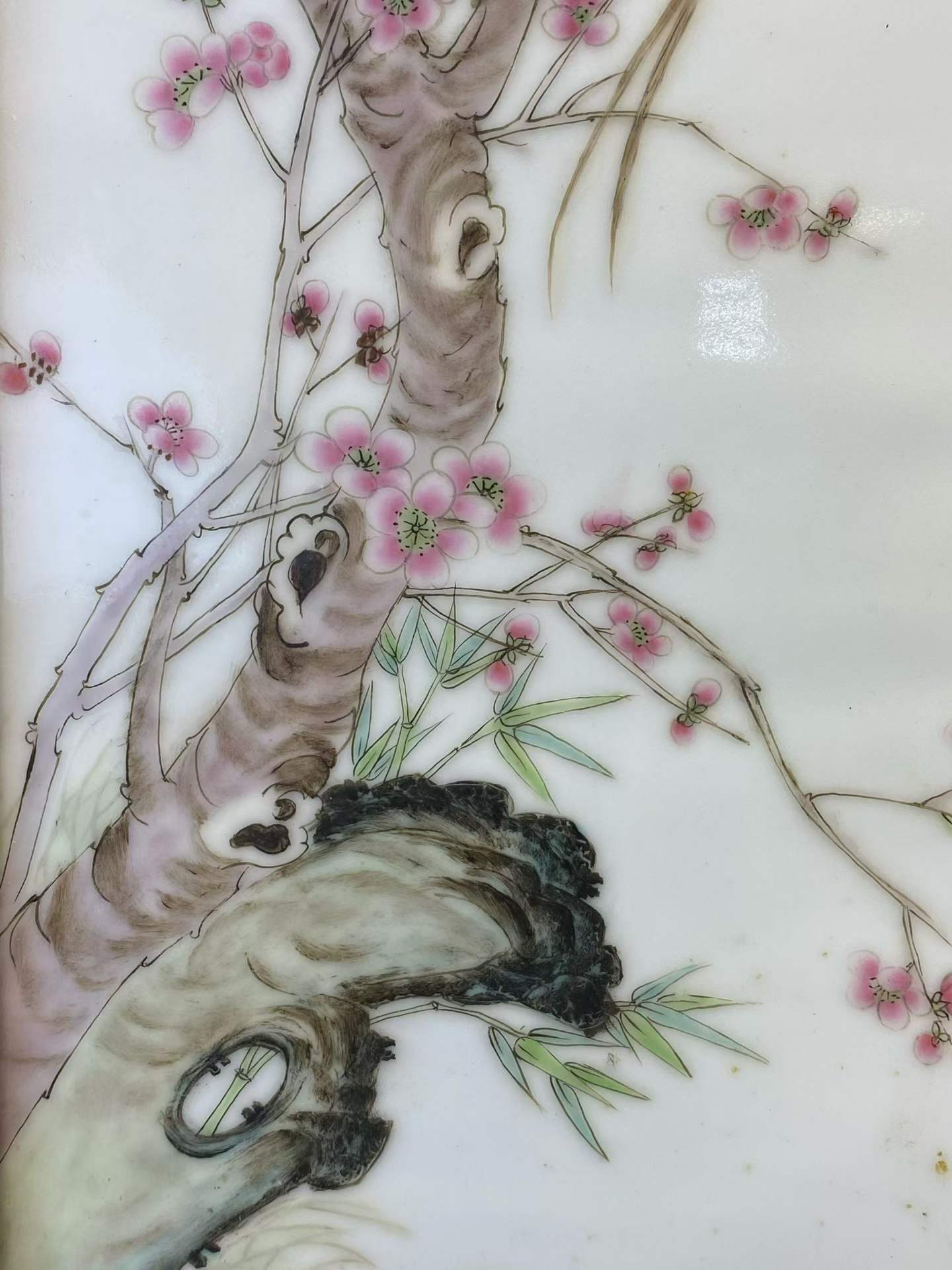 粉彩锦鸡桃花诗文瓷板