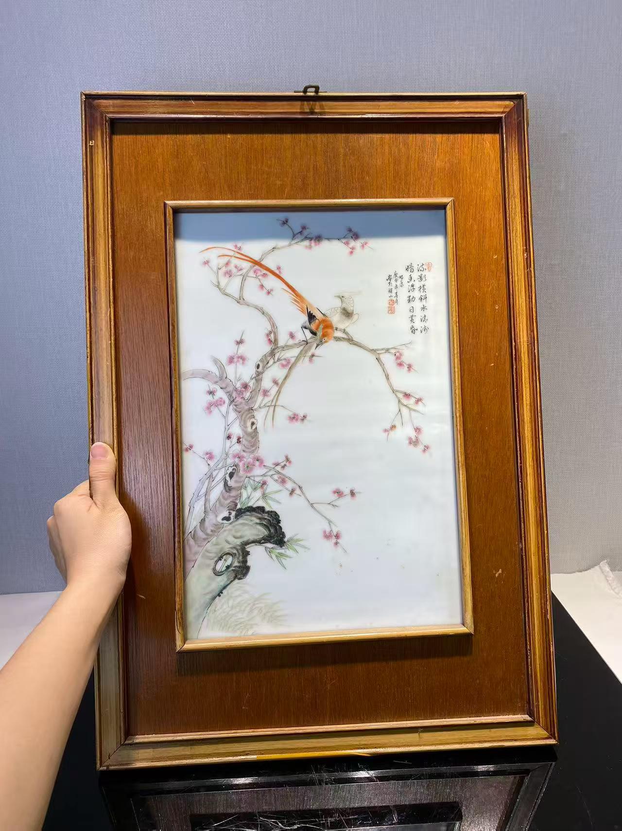 粉彩锦鸡桃花诗文瓷板