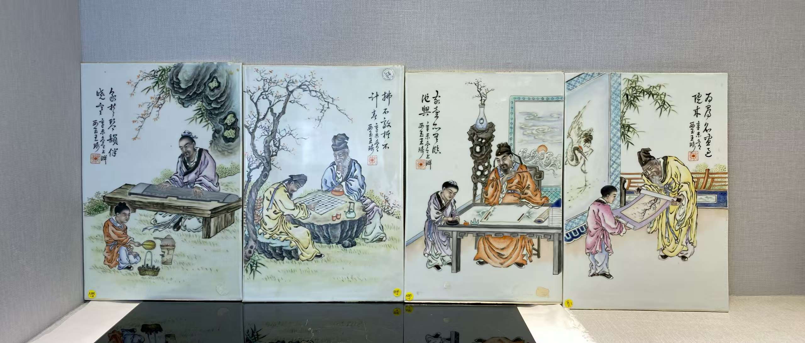 粉彩琴棋书画四块瓷板 款：王琦